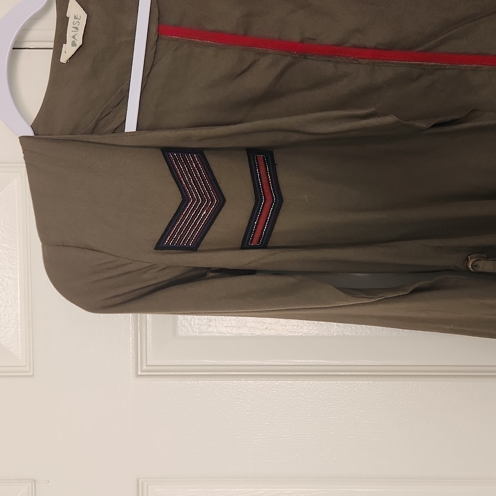 Pause Military Patch Olive Green Open Front Waterfall Jacket. Size Small
